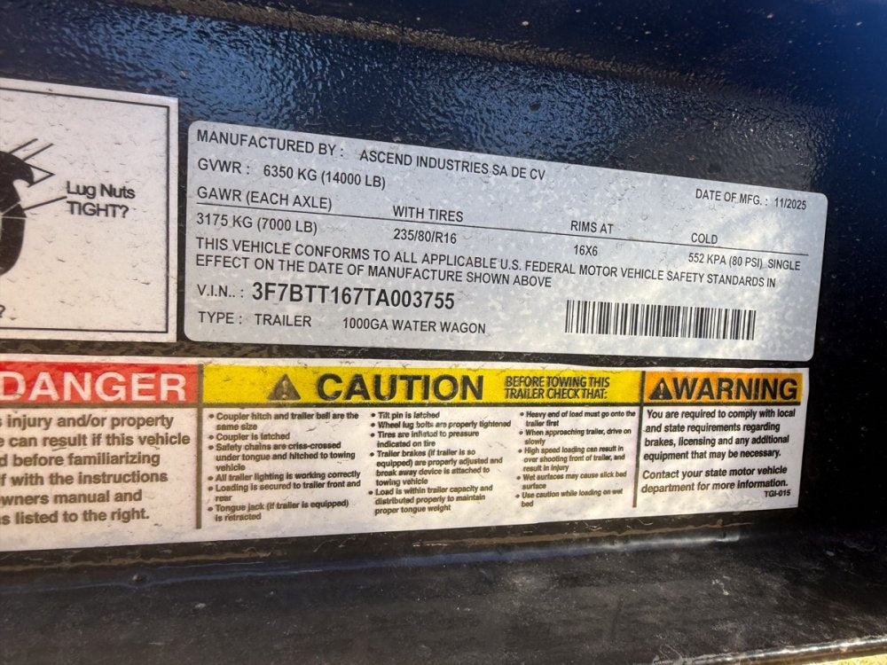 1000 Gallon Water Tank Trailer with Pump and Hose - Water Tank Trailer - Stryker Dealership Group