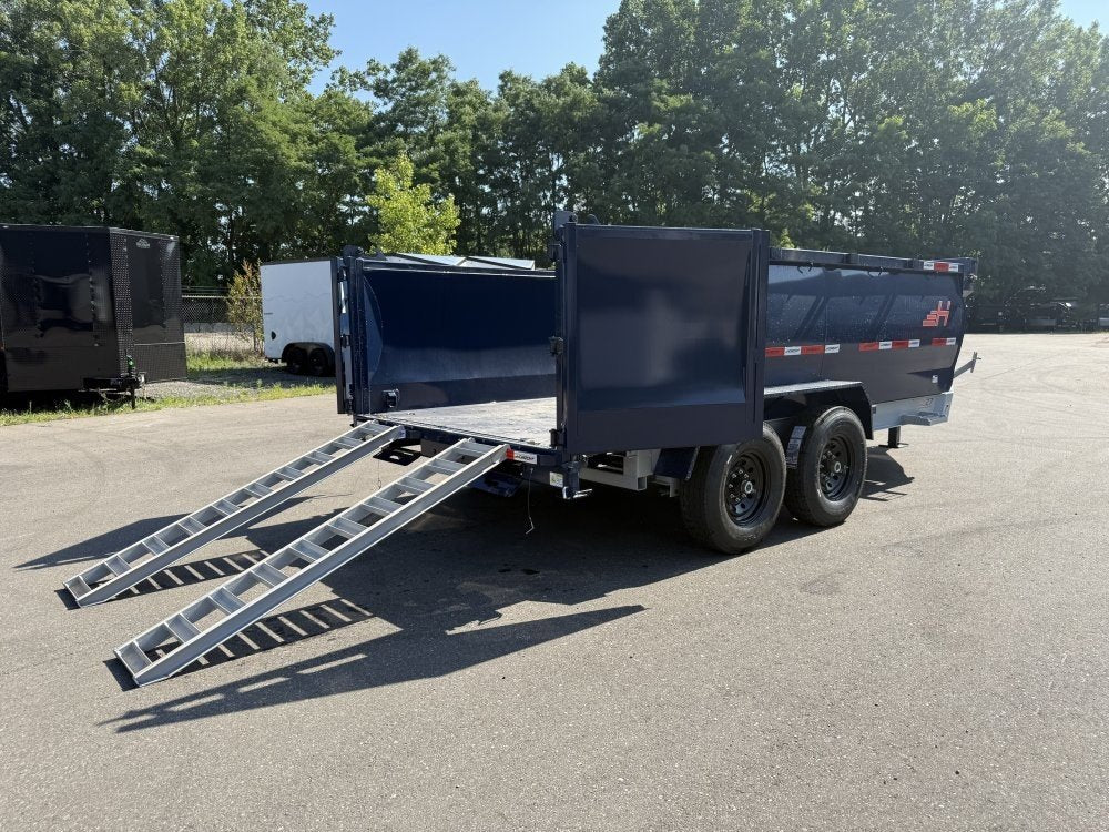 14' LZ7 Dump Trailer 42" Walls - Telescopic Lift - 14K GWVR - Hydraulic Jacks - 3 Way Door - Ramps 10277
