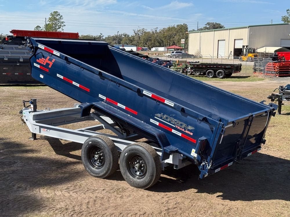 14' LZ7 Dump Trailer 30" Walls - Scissor Lift - 14K GWVR - 14ply Tires - 3 Way Door - Ramps 7682 - Stryker Dealership Group
