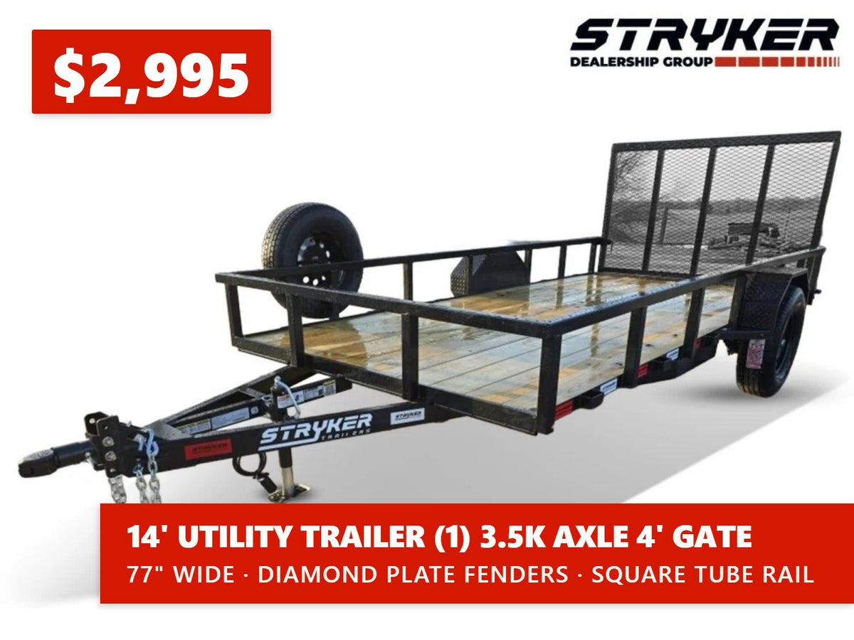 14' Utility Trailer (1) 3.5K Axle, 77" Wide 4' Gate 003807 - Stryker Dealership Group
