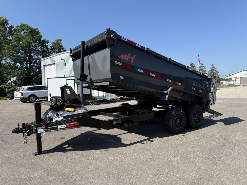14' LZ7 Dump Trailer 42" Walls - Telescopic Lift - 14K GWVR - Hydraulic Jacks - 3 Way Door - Ramps - DT2 Contractor - Stryker Dealership Group