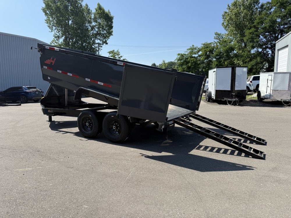 14' LZ7 Dump Trailer 42" Walls - Telescopic Lift - 14K GWVR - Hydraulic Jacks - 3 Way Door - Ramps - DT2 Contractor - Stryker Dealership Group