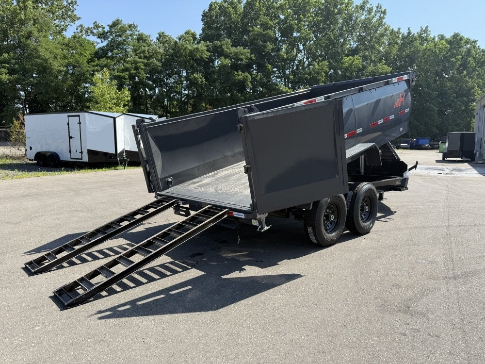14' LZ7 Dump Trailer 42" Walls - Telescopic Lift - 14K GWVR - Hydraulic Jacks - 3 Way Door - Ramps - DT2 Contractor - Stryker Dealership Group