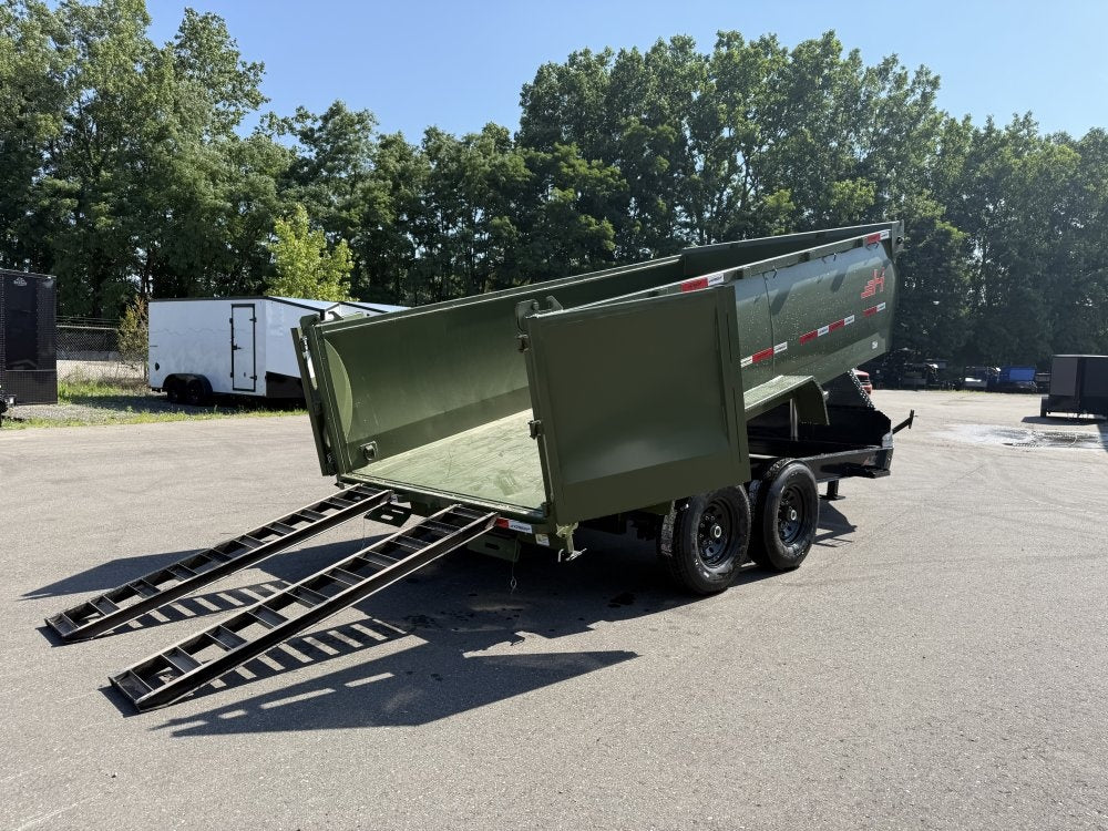 14' LZ7 Dump Trailer 42" Walls - Telescopic Lift - 14K GWVR - Hydraulic Jacks - 3 Way Door - Ramps - Dump Trailers - Stryker Dealership Group