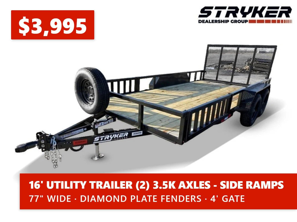 16' Utility Trailer (2) 3.5K Axles, 77" Wide, Side Ramps and 4' Gate 004069 - Stryker Dealership Group