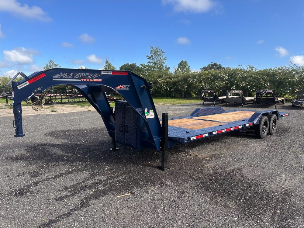 26' Navy Blue HET Tilt Equipment Trailer Gooseneck 102" Wide (2) 10K Axles - Hydraulic Jacks - Equipment Tilt - Stryker Dealership Group
