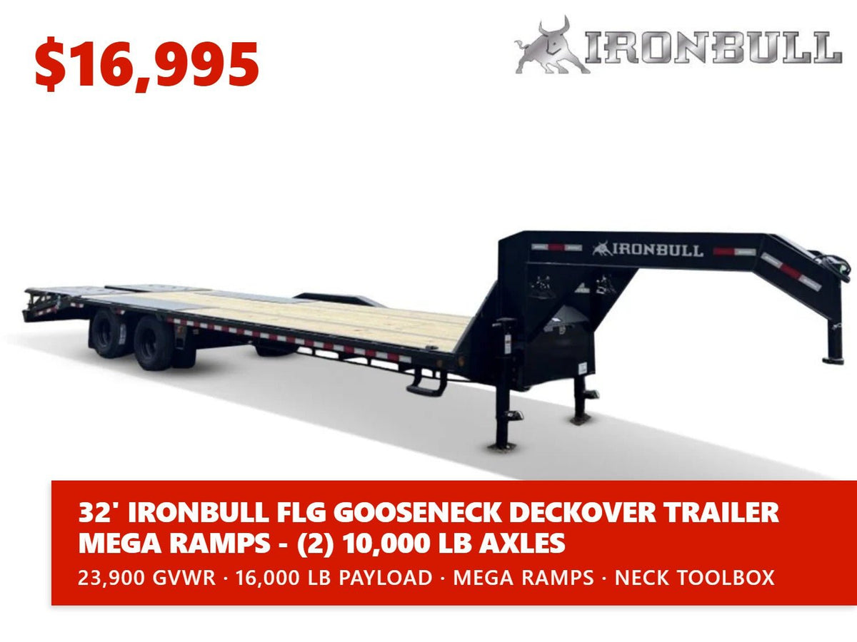 32' Iron Bull FLG Gooseneck Deckover Trailer Mega Ramps - (2) 10,000 lb Axles 912240 - Stryker Dealership Group