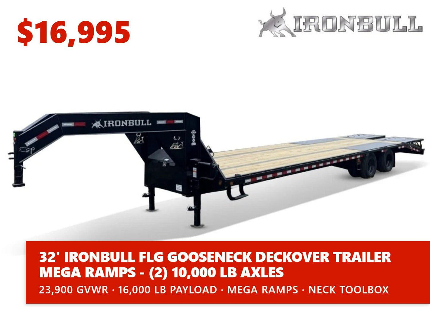 32' Iron Bull FLG Gooseneck Deckover Trailer Mega Ramps - (2) 10,000 lb Axles 913922 - Stryker Dealership Group