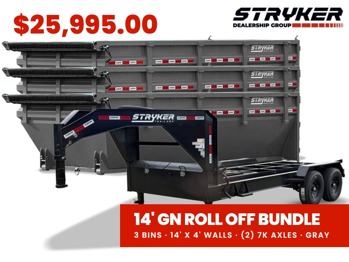 Stryker 14' GN Roll off Bundle (2) 7k Axles + 3 Bins w/ 4' Walls 2581-D - Stryker Dealership Group