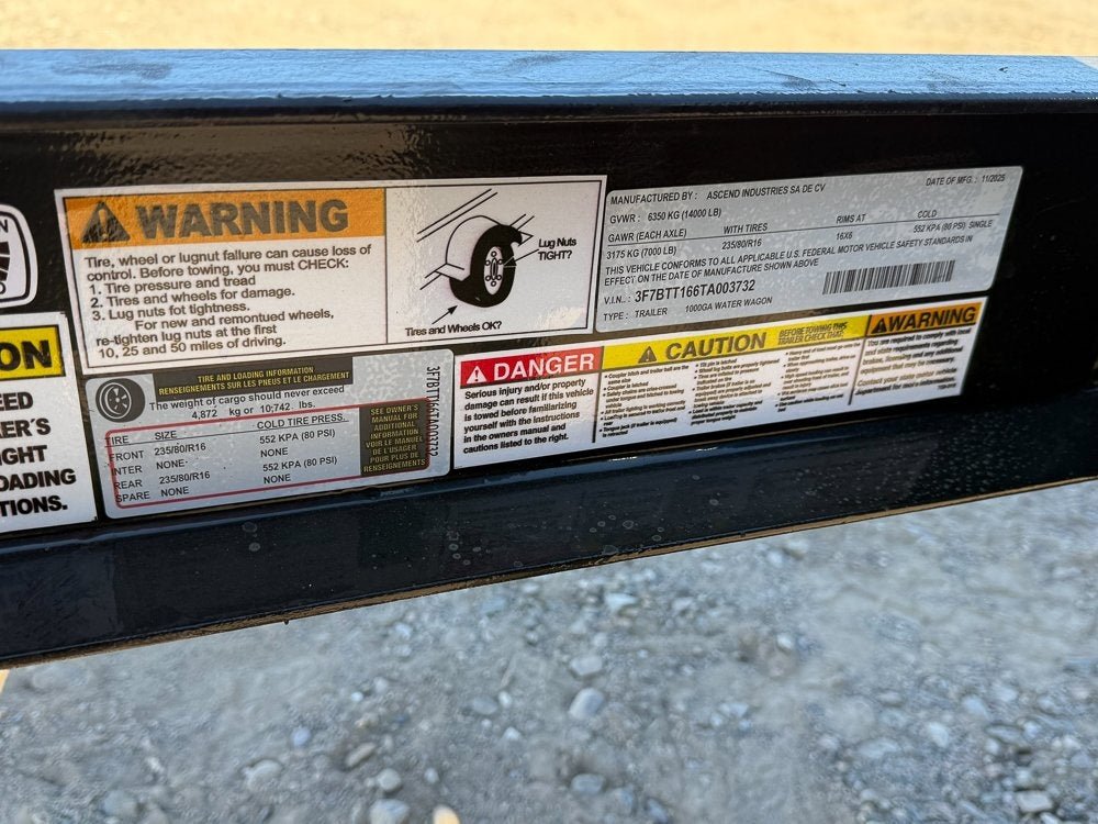 1000 Gallon Water Tank Trailer with Pump and Hose 003732 - Stryker Dealership Group