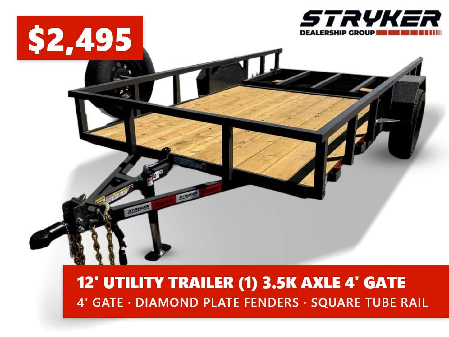 12' Utility Trailer (1) 3.5K Axle, 77" Wide 4' Gate 004075 - Stryker Dealership Group