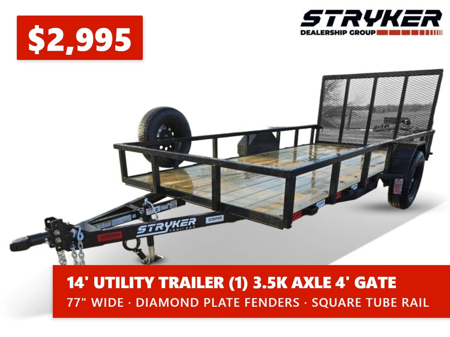 14' Utility Trailer (1) 3.5K Axle, 77" Wide 4' Gate 003807 - Stryker Dealership Group