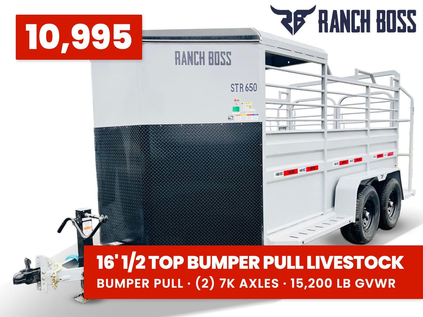 16' Ranchboss STR Bumper Pull 1/2 Top Livestock Trailer - (2) 7k Axles 015138 - Stryker Dealership Group