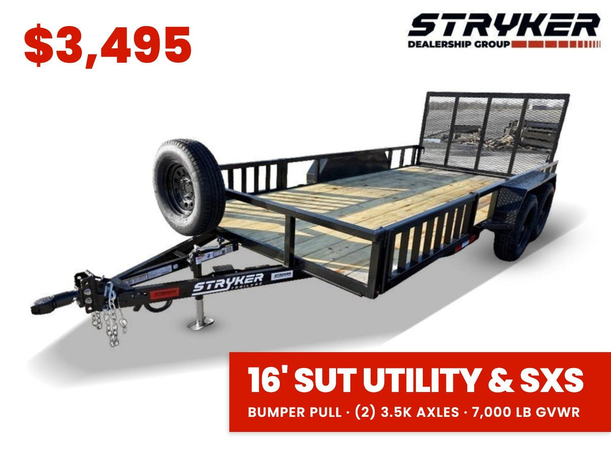 16' Utility Trailer (2) 3.5K Axles, 77" Wide, Side Ramps and 4' Gate 004069 - Stryker Dealership Group