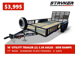 16' Utility Trailer (2) 3.5K Axles, 77" Wide, Side Ramps and 4' Gate 004069 - Stryker Dealership Group