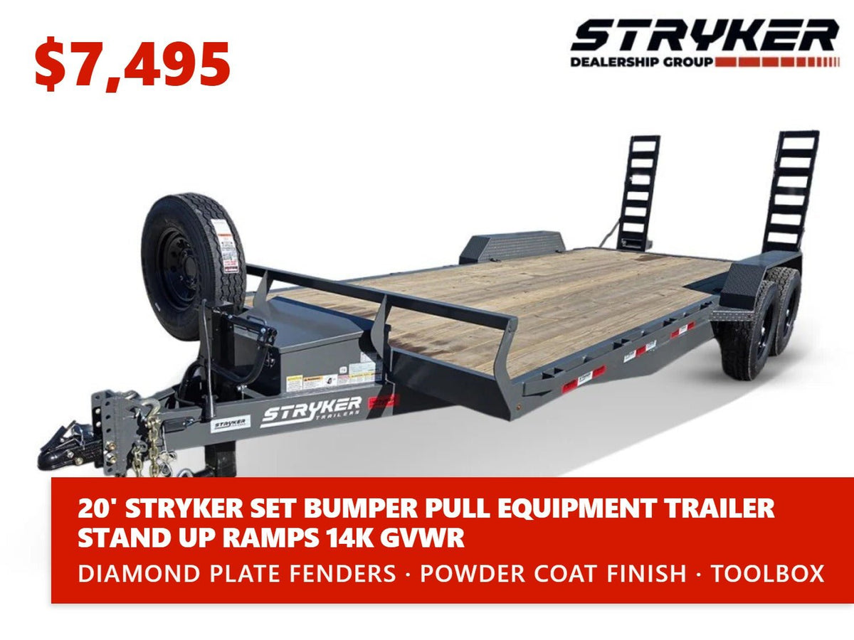 20' Stryker SET Bumper Pull Equipment Trailer Stand Up Ramps - (2) 7K Axles 003549 - Stryker Dealership Group