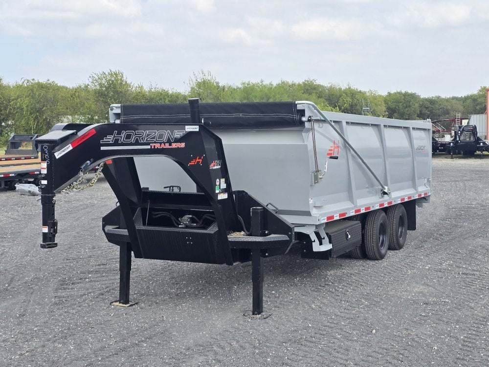 20' HZH GN Dump Trailer w/ 4' Walls (2) 12k Axles, 3-Way Door, Tarp, Hydraulic Jacks - DT4 Heavy Duty - Stryker Dealership Group