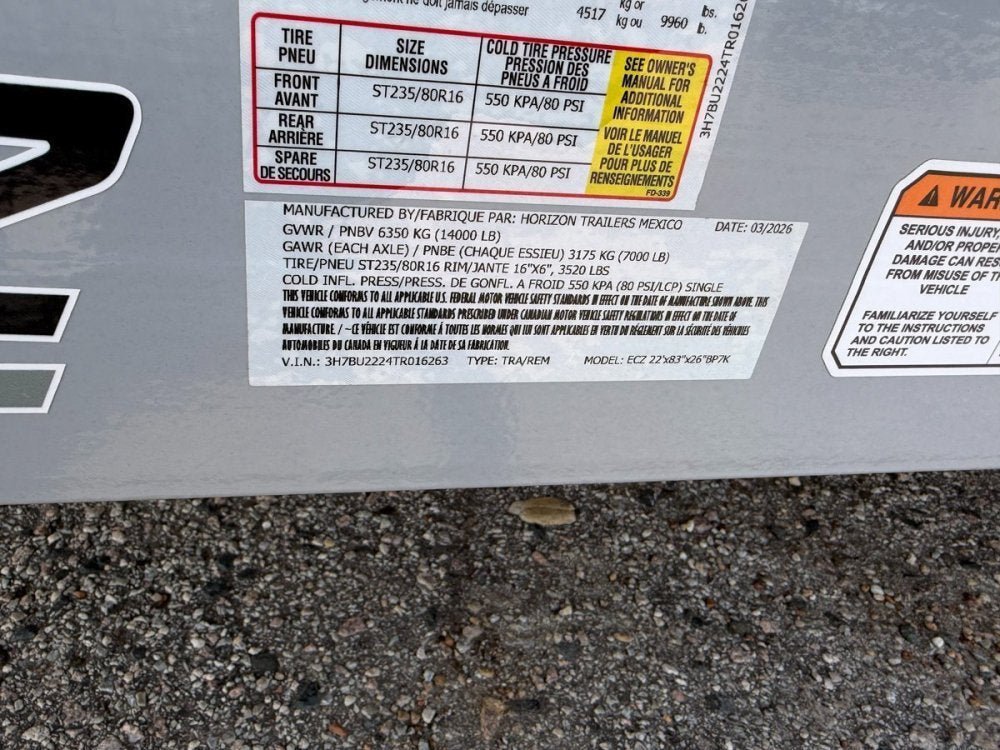 22' Horizon ECZ Bumper Pull Equipment Trailer - (2) 7K Axles 016263 - Stryker Dealership Group