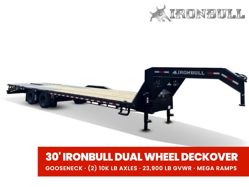 30' Iron Bull FLG Gooseneck Deckover Trailer Mega Ramps - (2) 10,000 lb Axles 914366 - Stryker Dealership Group