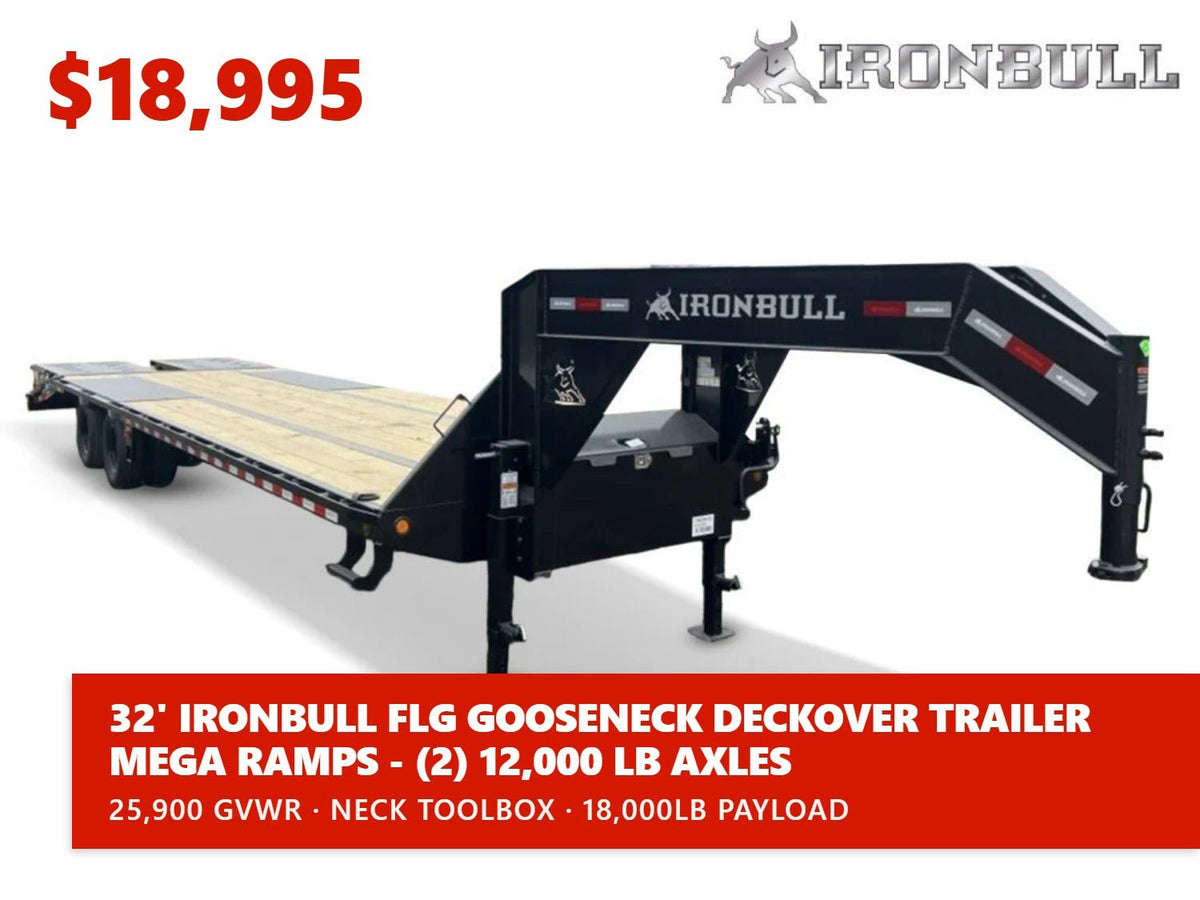 32' Iron Bull FLG Gooseneck Deckover Trailer Mega Ramps - (2) 12,000 lb Axles 912390 - Stryker Dealership Group